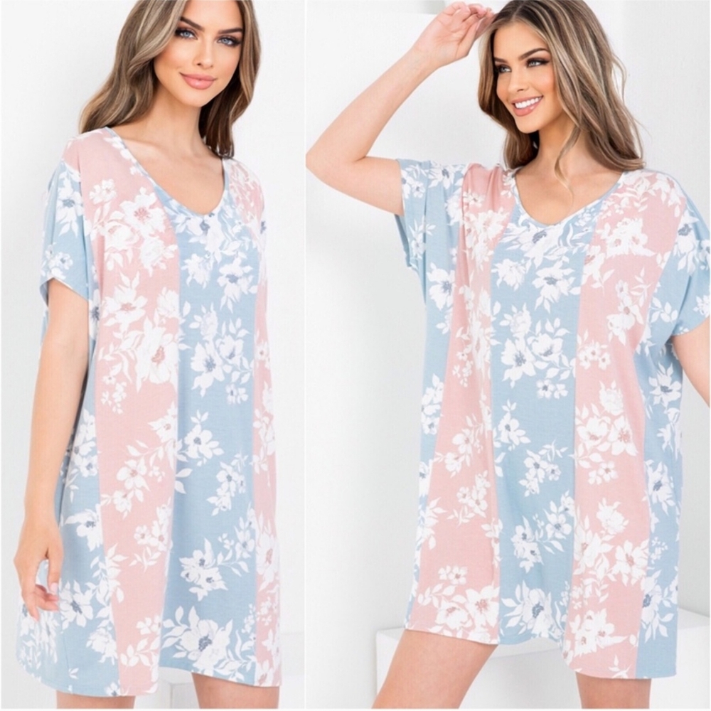 Pink blue floral stripe soft oversized short sleeve women’s summer dress - XL
